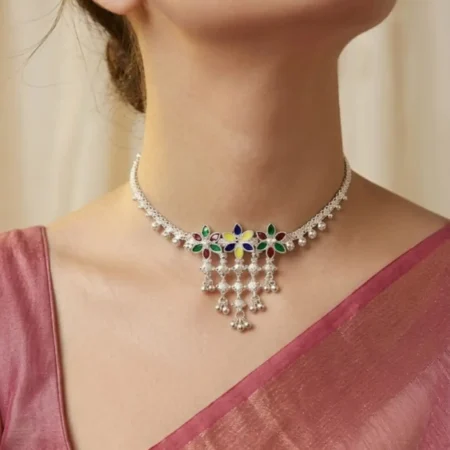 925 Sterling Silver Multi-Color Floral Meenakari Necklace for Women