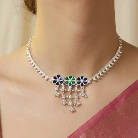 Pure 925 Sterling Silver Floral Meenakari Choker Necklace for Women & Girls - BIS Hallmarked