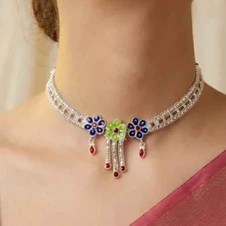 925 Sterling Silver Floral Meenakari Necklace with Red Accents for Women & Girls - BIS Hallmarked