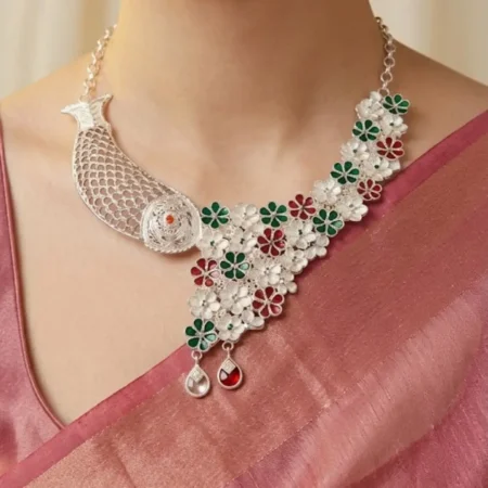 Designer 925 Silver Fish & Floral Necklace Set | BIS Hallmarked | The Velvet Box