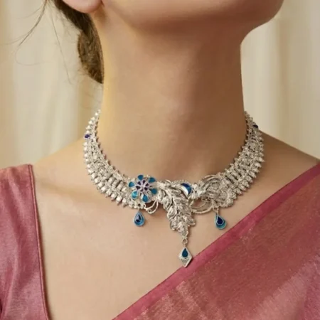 925 Sterling Silver Blue Enamel Leaf Choker Necklace | BIS Hallmarked | The Velvet Box Exclusive