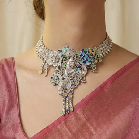 925 Sterling Silver Meenakari Peacock Necklace | BIS Hallmarked | The Velvet Box Royal Collection