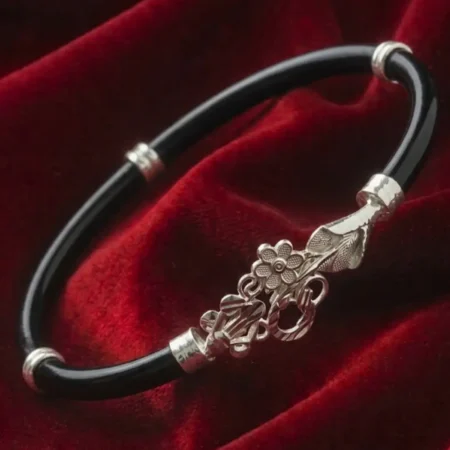 Pure 925 Silver Noya Bangle - BIS Hallmarked Black Floral Design for Women