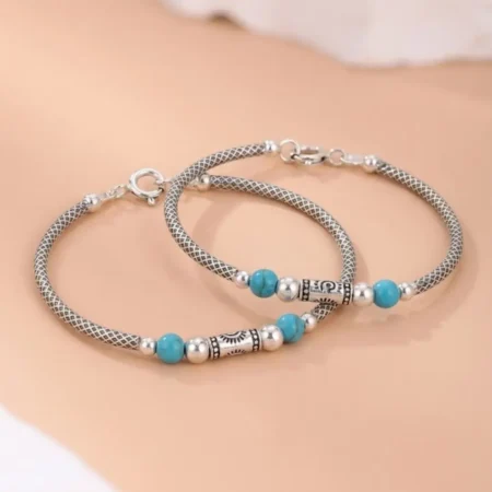 925 Silver Baby Nazariya Kada with Turquoise Beads & Evil Eye (Pair)