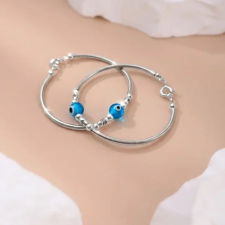 925 Silver Baby Blue Evil Eye Nazariya Kada (Pair) – BIS Hallmarked Fine Silver Adjustable Snake Chain Bracelets for Infants
