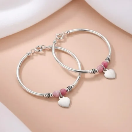 925 Silver Baby Kada with Pink Beads & Heart Charm (Pair) – BIS Hallmarked Fine Silver Adjustable Bracelets by The Velvet Box
