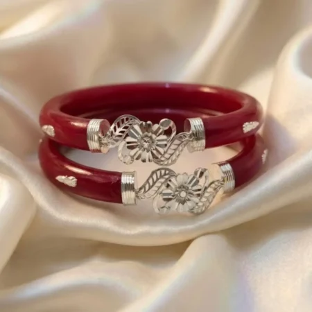 Pure 925 Silver Pola Bangle - Traditional Red & Silver Floral Design (BIS Hallmarked)