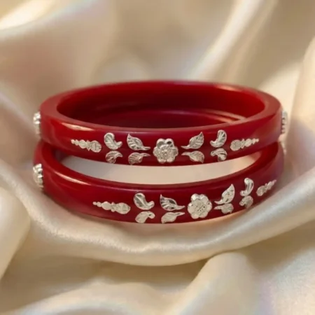 Diagonal Leafy Vine & Geometric Flower 925 Silver Pola Bangle