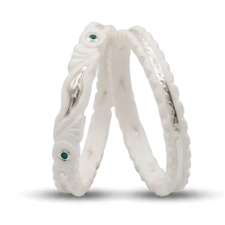 Designer Silver Bordered Shankha Bangle with Leaf Motif (Pair)