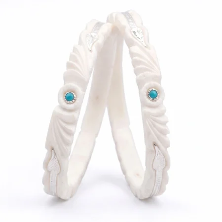 Royal Silver Bordered Shankha Bangle with Turquoise Accents (Pair)