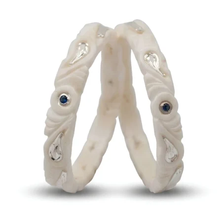 Premium Silver Bordered Shankha Bangle with Blue Sapphire Stone Accents (Pair)