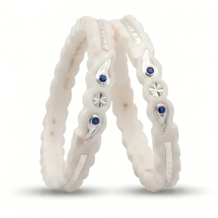 Luxury Silver Bordered Shankha Bangle with Double Kalka & Blue Stones (Pair)