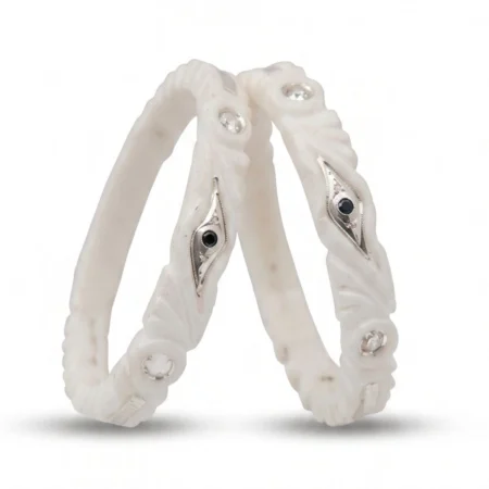 Exclusive Silver Bordered Shankha Bangle with Almond Eye Motif & Dual Stones (Pair)