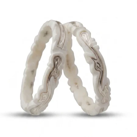 Artisan Silver Bordered Shankha Bangle with Continuous Wave Floral Carving (Pair)