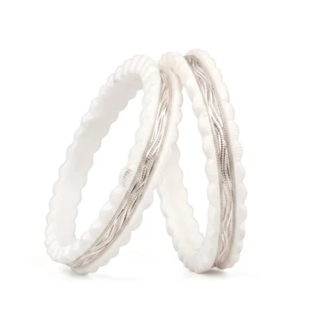 Traditional Silver Bordered Shankha Bangle with Braided Wire Inlay (Pair)