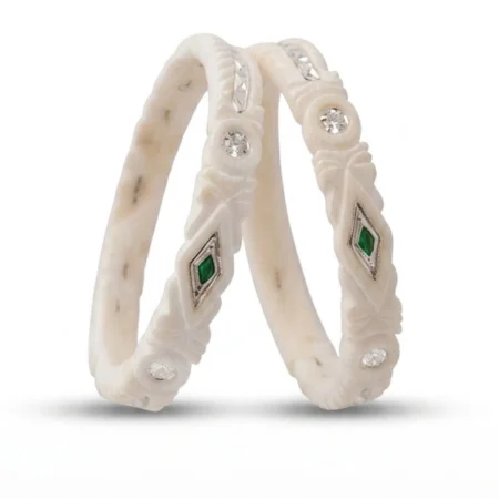 Elegant Silver Bordered Shankha Bangle with Geometric Emerald Green Stones (Pair)