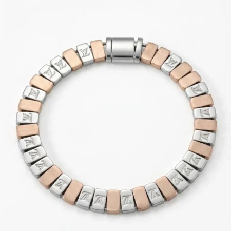 Luxury Pure Silver Mens Bracelet with Brushed Rose Gold Accent Links