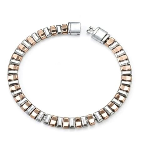 Luxury Sterling Silver Mens Bracelet with Dual-Tone Pyramid Block Links
