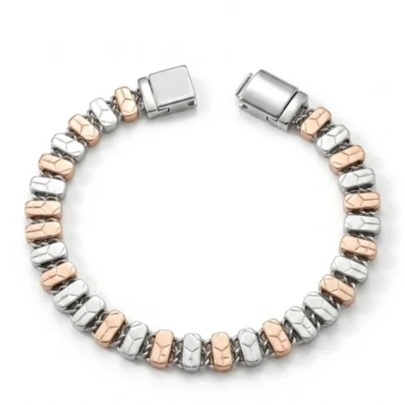 Premium Silver Mens Bracelet with Y-Textured Dual Tone Block Links