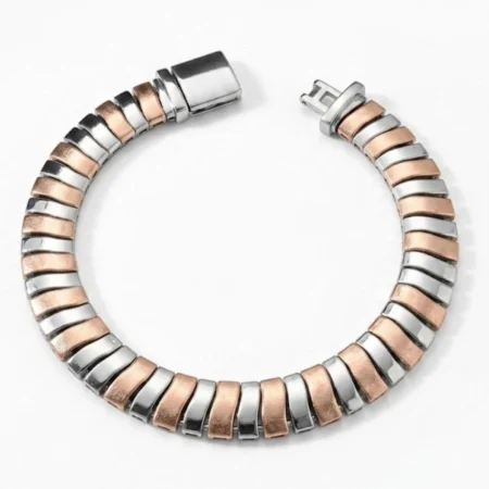 Premium Silver Mens Bracelet with Curved Dual-Tone Links