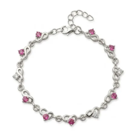 Silver Pink & White Stone Link Bracelet for Women