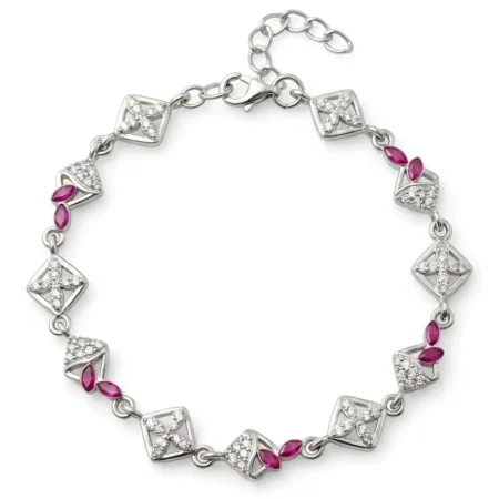 Geometric Rhombus & Pink Marquise Leaf Link Bracelet for Women