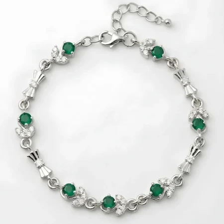 Silver Bow-Tie & Emerald Green Floral Leaf Cluster Chain Bracelet