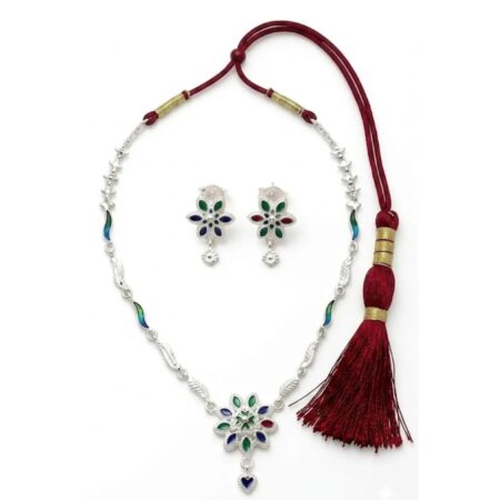 Silver Meenakari Floral Pendant Choker Necklace Set with Earrings