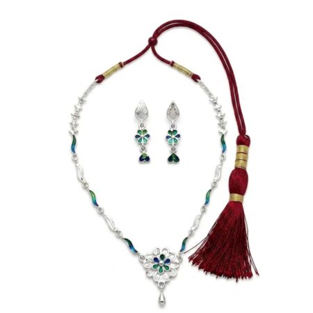 Blue & Green Meenakari Floral Choker Necklace Set with Leaf-Top Earrings