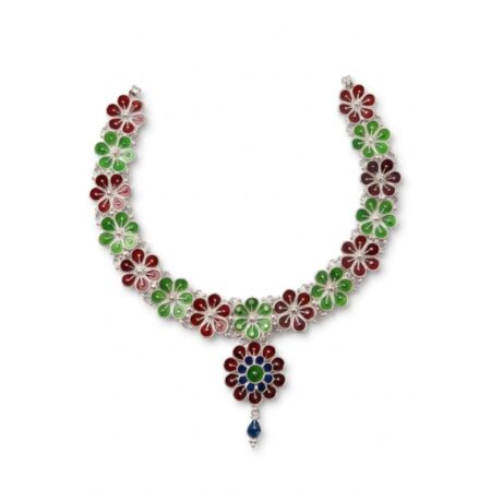Maroon & Green Meenakari Floral Choker Necklace with Blue Drop Pendant