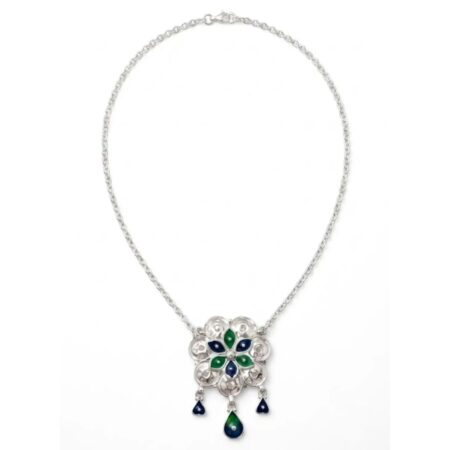 Blue & Green Meenakari Floral Medallion Pendant Chain Necklace for Women