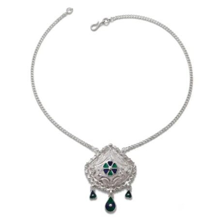 Blue & Green Meenakari Shield Filigree Pendant Chain Necklace for Women