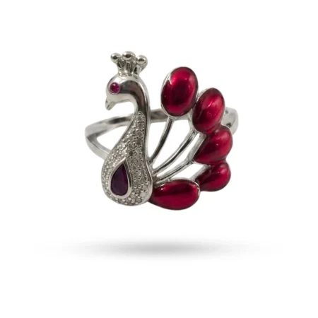Silver Peacock Noya Bangle - Ruby Red Designer Bracelet