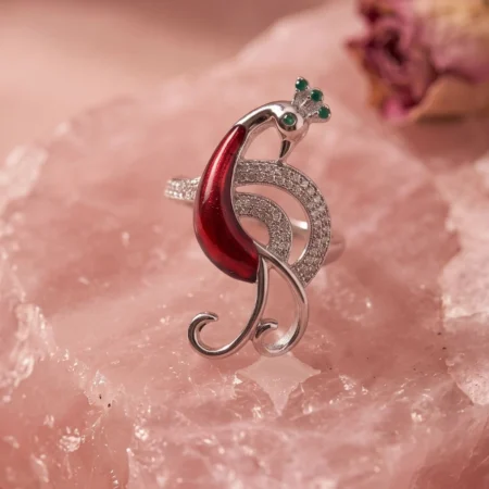 Silver Peacock Red Stone Ring