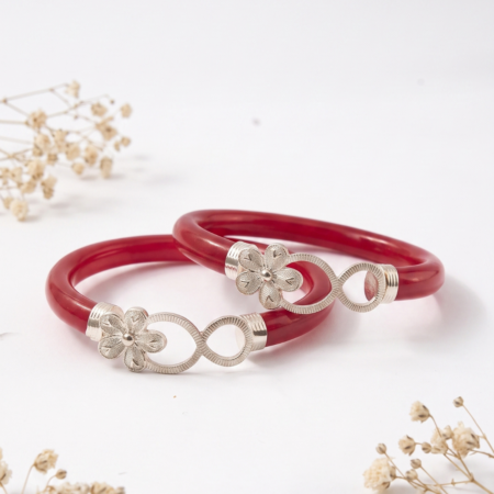 Red Pola Floral Infinity Silver Bangles