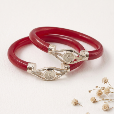 Red Pola Blue Floral Silver Bangles