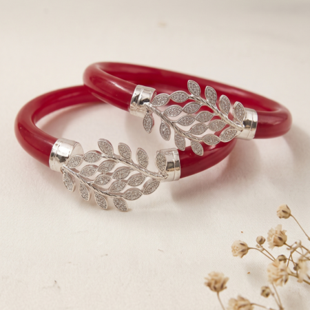 Red Pola Leaf Vine Silver Bangles