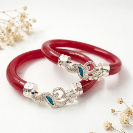 Red Pola Peacock Floral Silver Bangles
