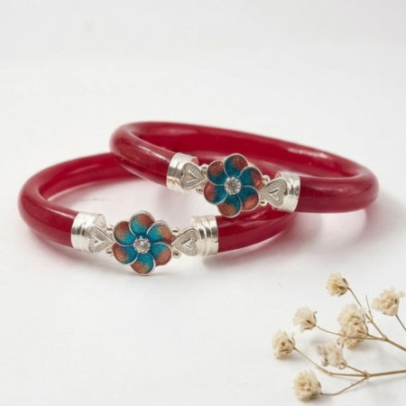 Red Pola Blue Floral Silver Bangles
