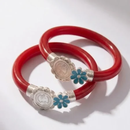 Red Pola Coin Floral Silver Bangle Pair