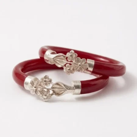 Red Floral Silver Pola Bangles