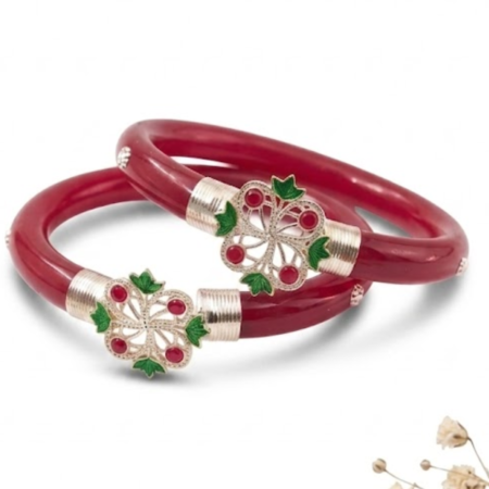 Red Pola Green Leaf Floral Silver Bangles
