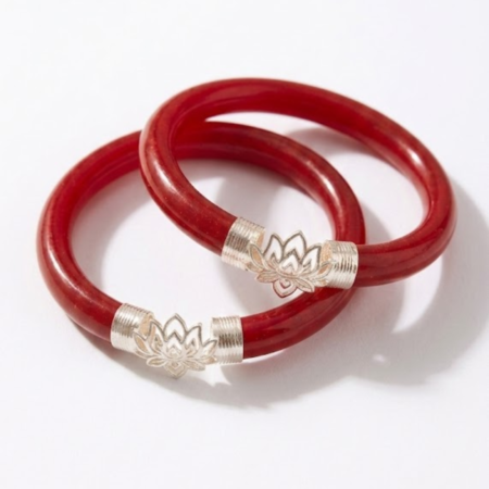 Red Pola Lotus Floral Silver Bangles