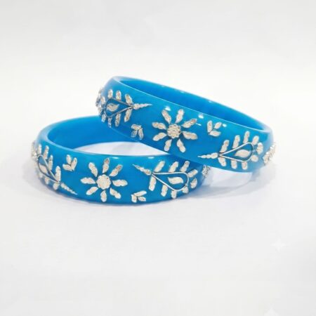 Sky Blue Silver Floral Leaf Designer Bangle