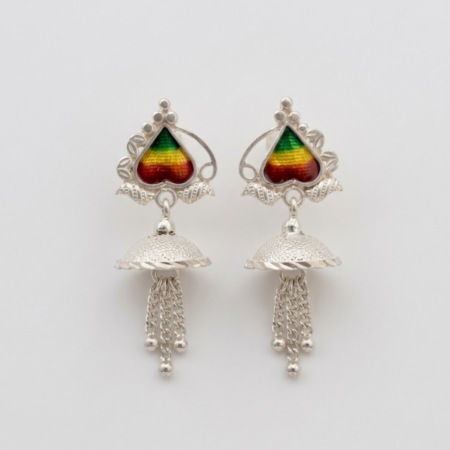 Artisan Silver Tri-Color Enamel Jhumka Drop Earrings