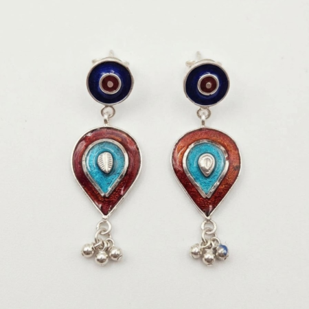 Handcrafted Enamel Teardrop Silver Drop Earrings with Ghungroo Beads