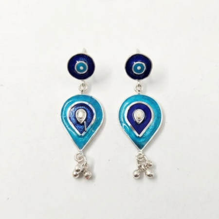 Silver Blue Enamel Evil Eye Drop Earrings