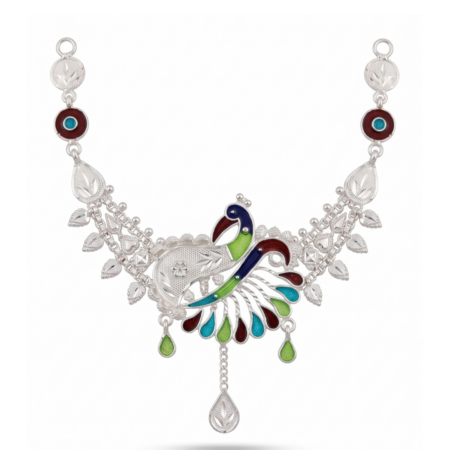 925 Sterling Silver Meenakari Peacock Motif & Lattice Webbing Necklace