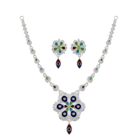 925 Sterling Silver Meenakari Floral Bloom Necklace & Dangle Earrings Set