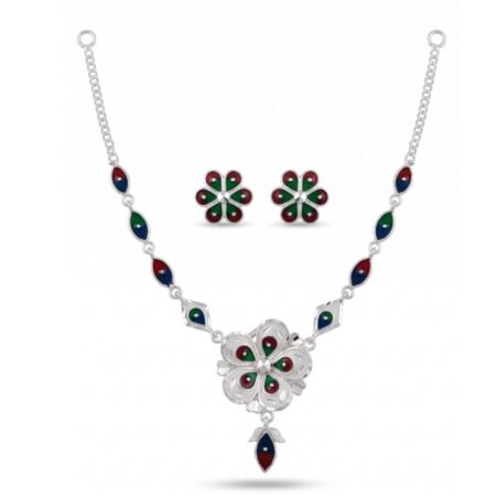 925 Sterling Silver Meenakari Floral Bloom Necklace & Stud Earrings Set